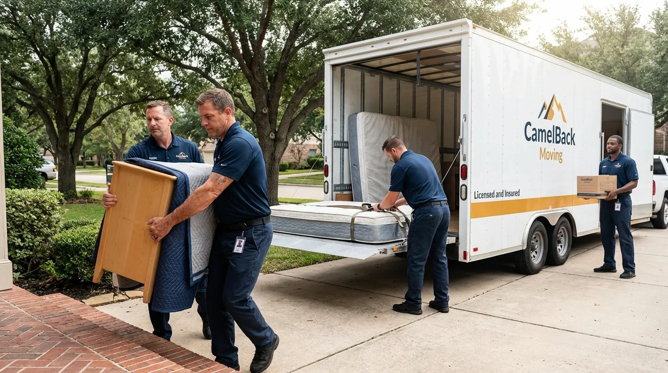 Crew loading residential truck for cross-state move from Spearman, TX