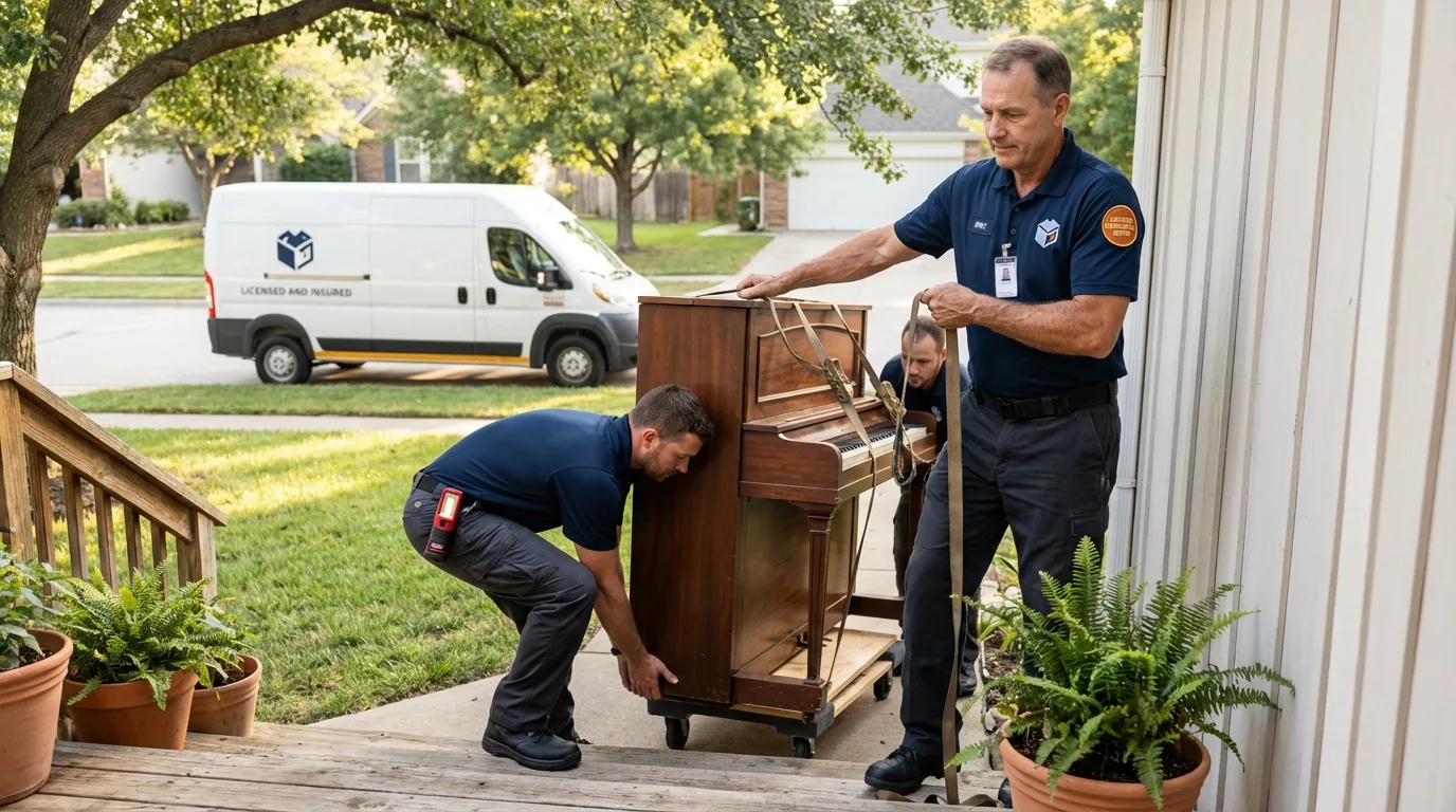 Licensed piano movers securing grand piano in Spearman, TX