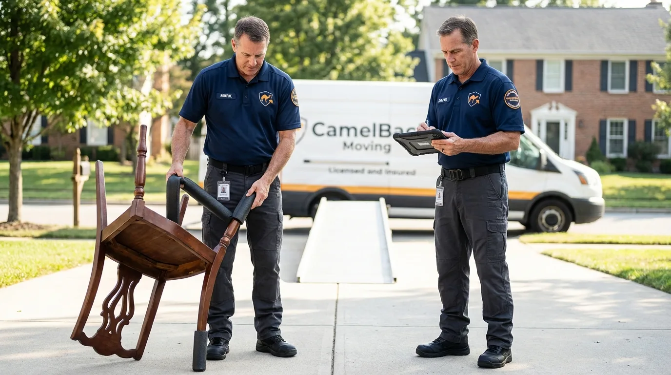 Movers inspecting furniture for damage prevention before loading in Spearman, TX